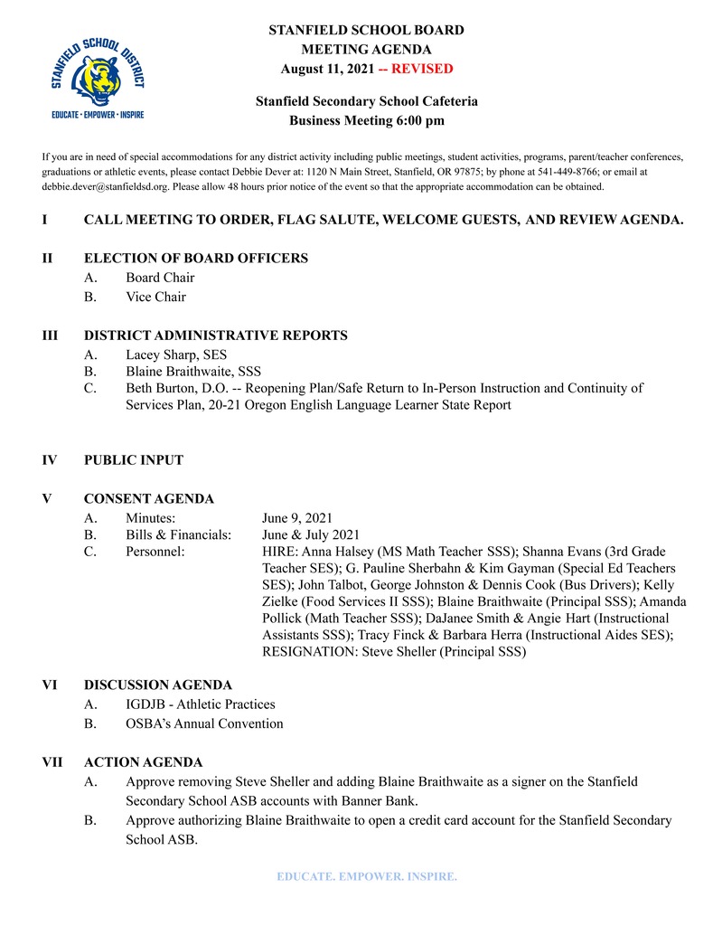 Board Agenda, Pg 1